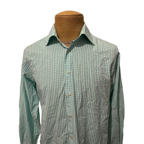 SUITSUPPLY Men's Long‎ Sleeve Dress Shirt White Teal Gingham Cotton Size 42 - Picture 2 of 10